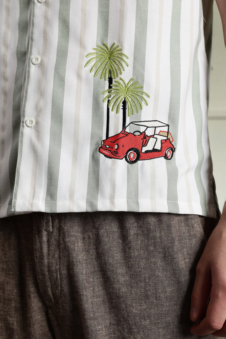 Stripes Car Embroidery Cuban Shirt