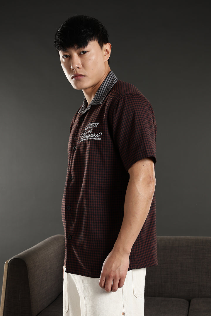 Peace: Brown Checks Embroidery cuban Shirt