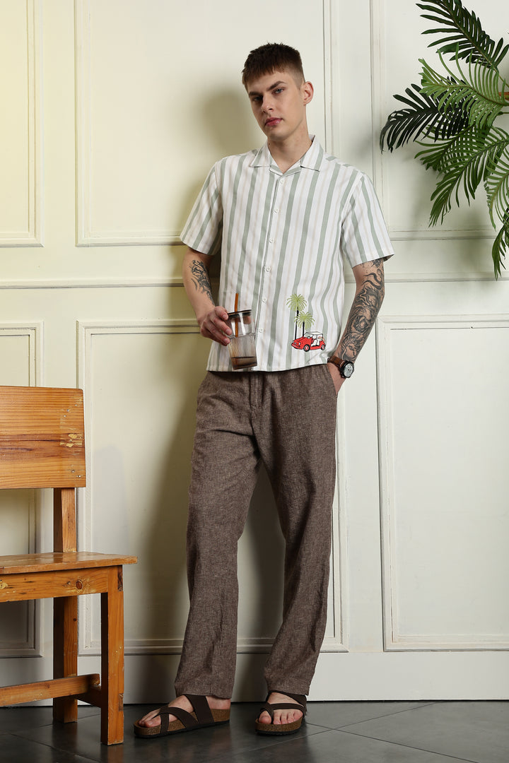 Stripes Car Embroidery Cuban Shirt
