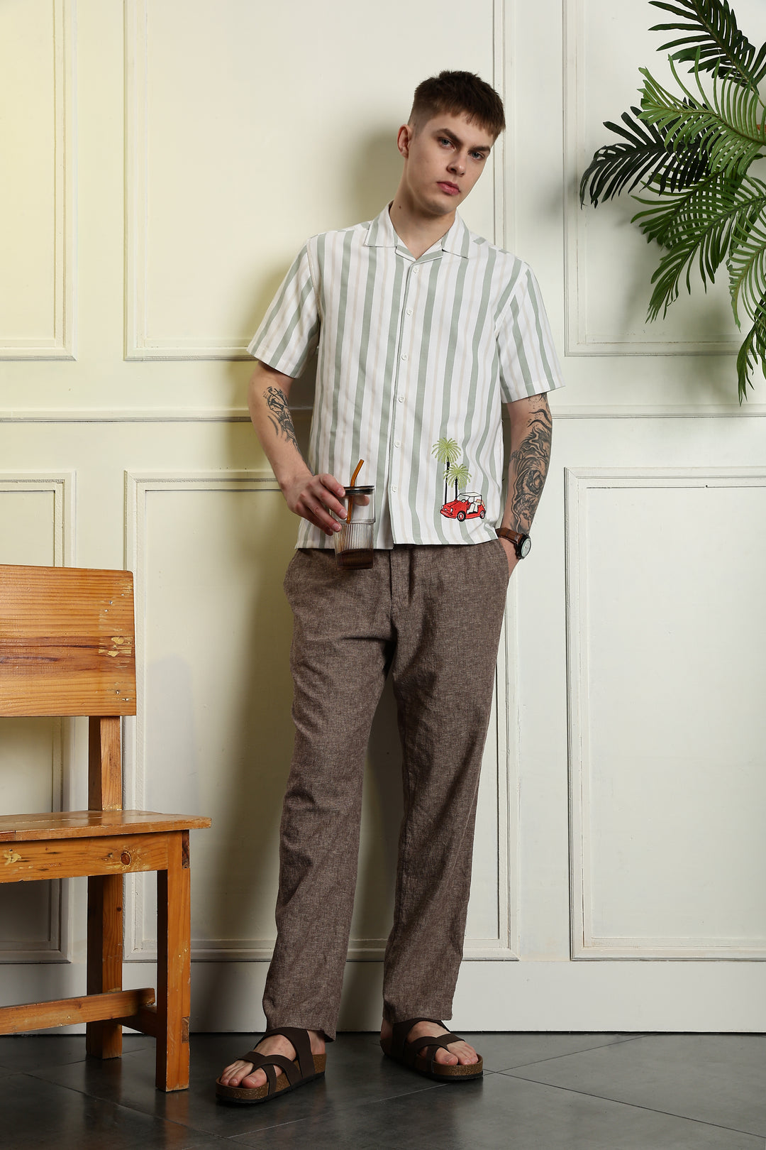 Stripes Car Embroidery Cuban Shirt
