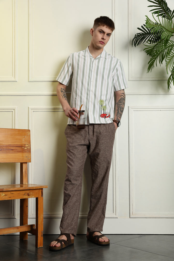 Stripes Car Embroidery Cuban Shirt