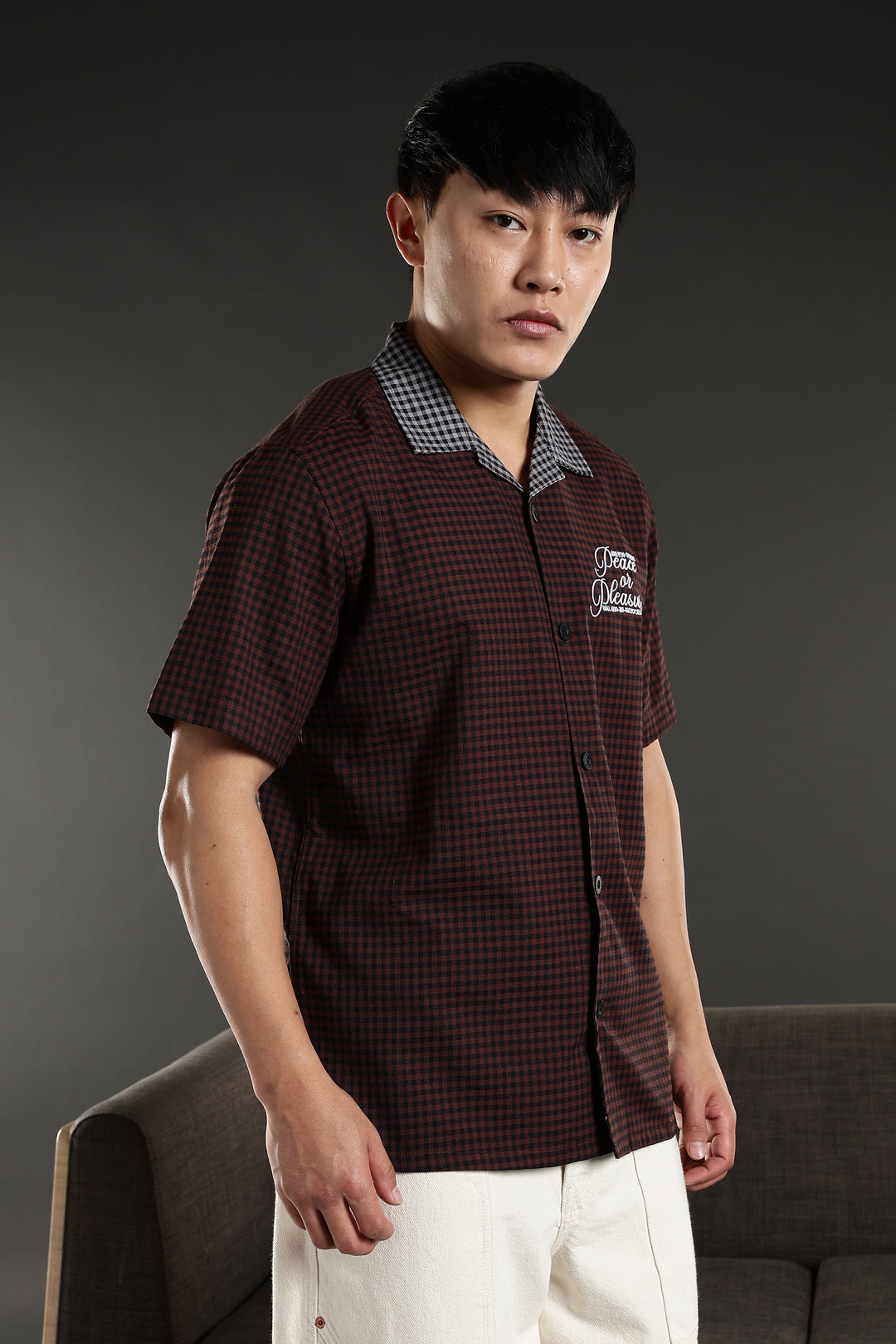 Peace: Brown Checks Embroidery cuban Shirt