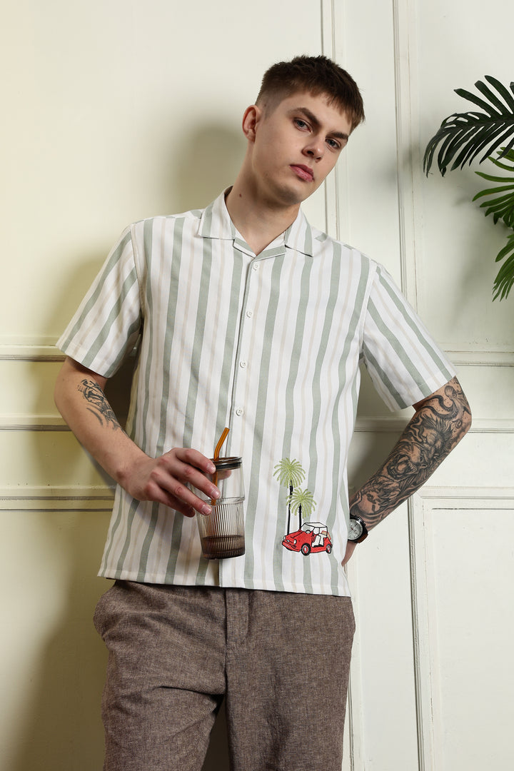 Stripes Car Embroidery Cuban Shirt