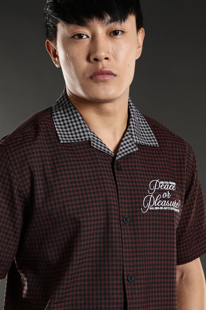 Peace: Brown Checks Embroidery cuban Shirt