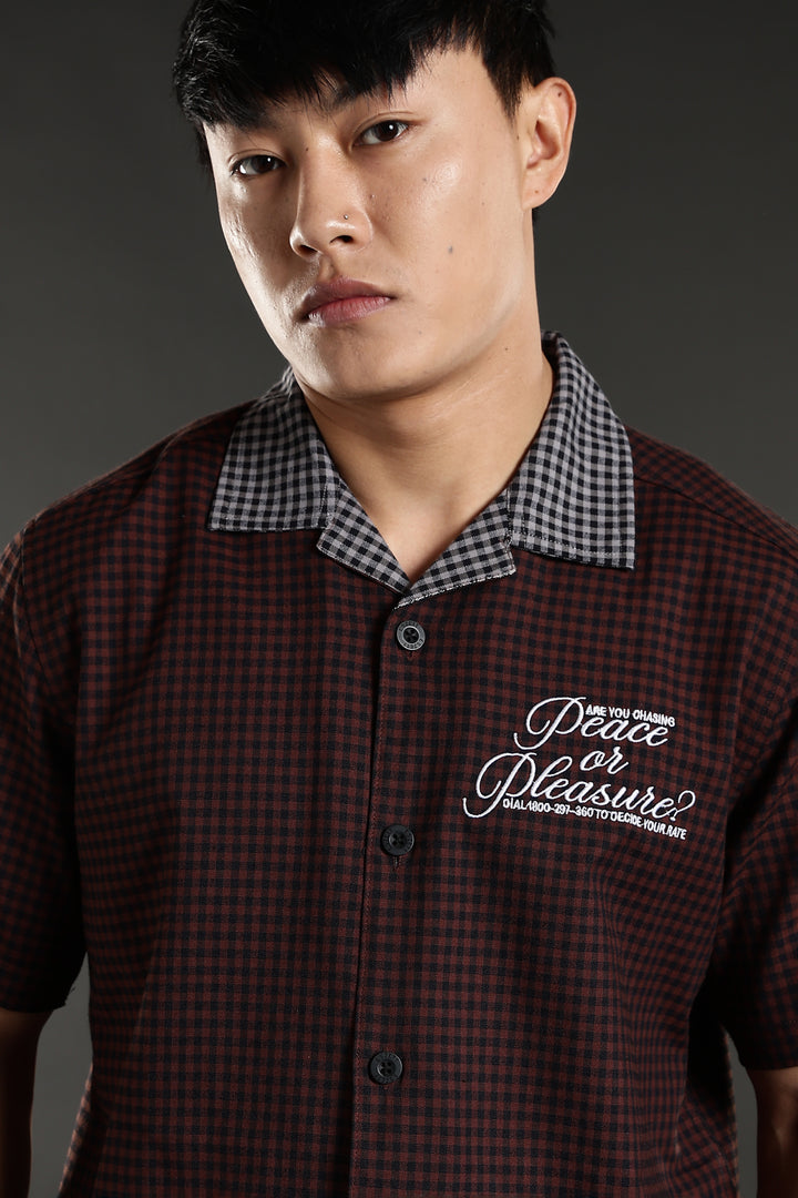 Peace: Brown Checks Embroidery cuban Shirt