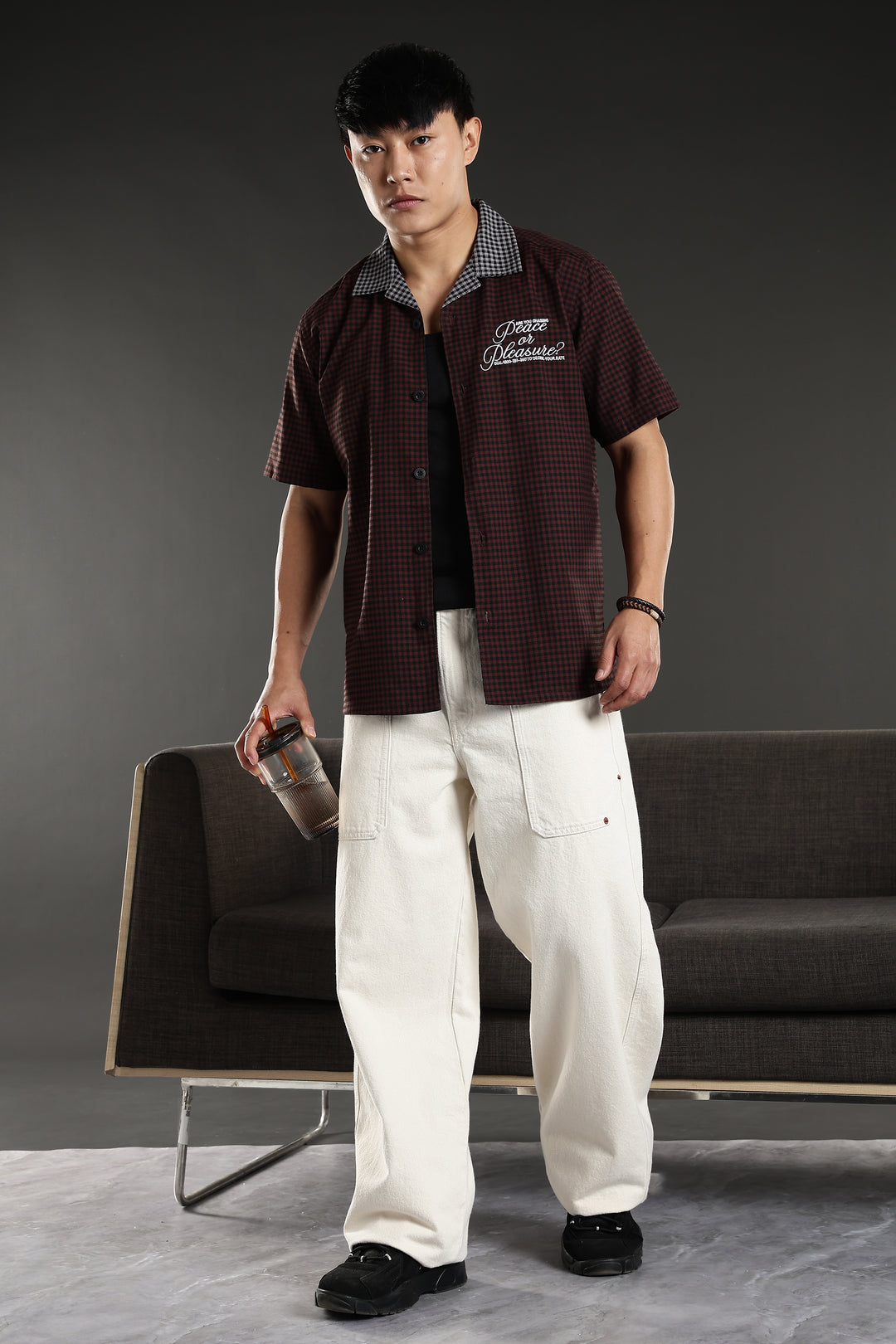 Peace: Brown Checks Embroidery cuban Shirt