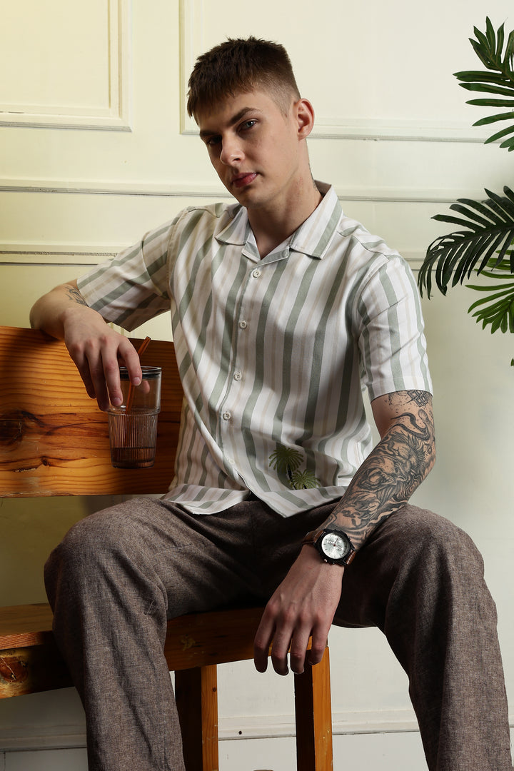 Stripes Car Embroidery Cuban Shirt