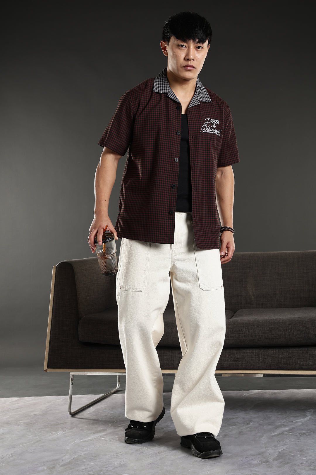 Peace: Brown Checks Embroidery cuban Shirt