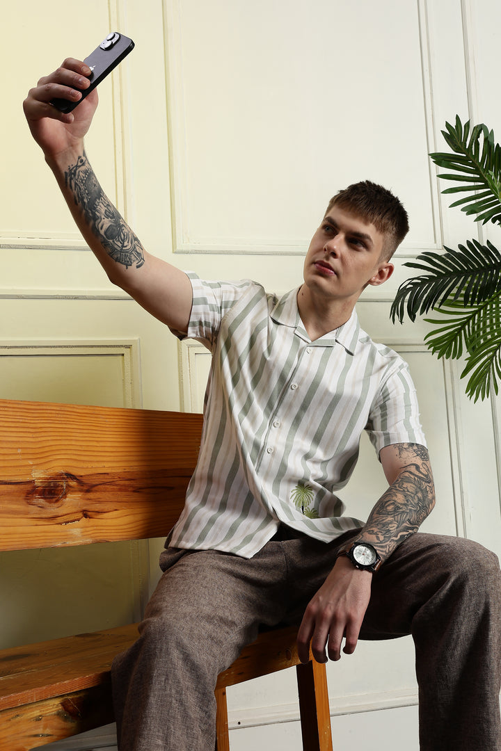 Stripes Car Embroidery Cuban Shirt