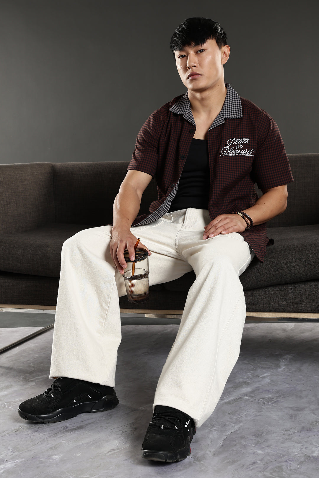 Peace: Brown Checks Embroidery cuban Shirt