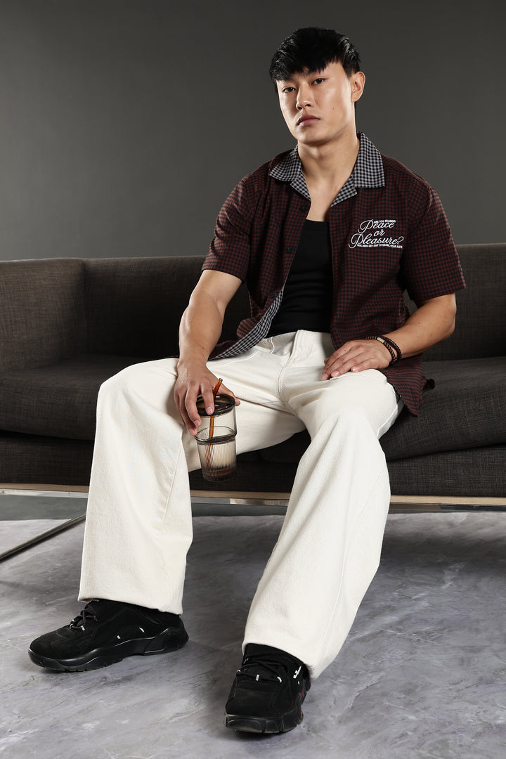 Peace: Brown Checks Embroidery cuban Shirt