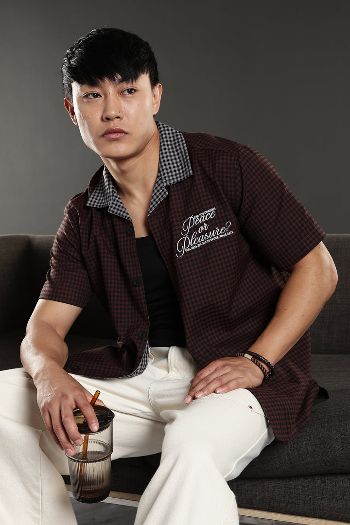 Peace: Brown Checks Embroidery cuban Shirt