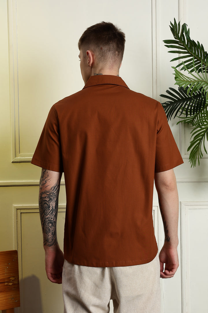 Anchor: Embroidery Brown Cuban Shirt