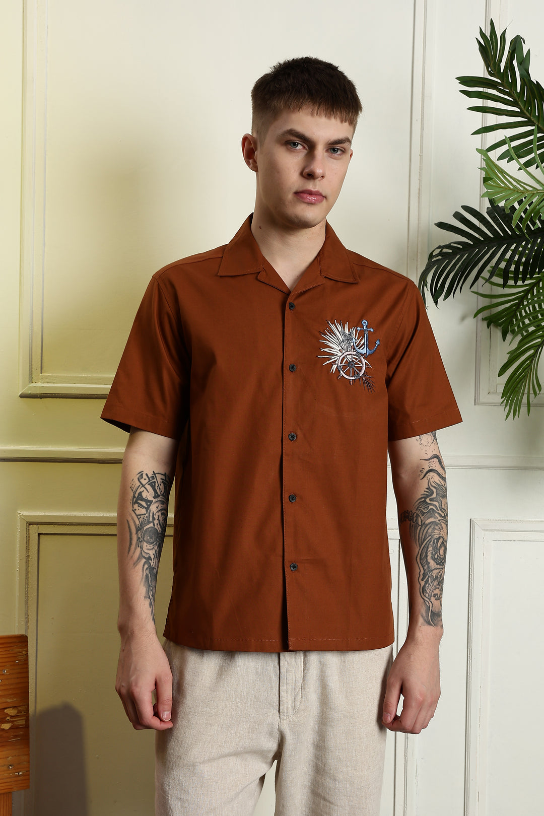 Anchor: Embroidery Brown Cuban Shirt