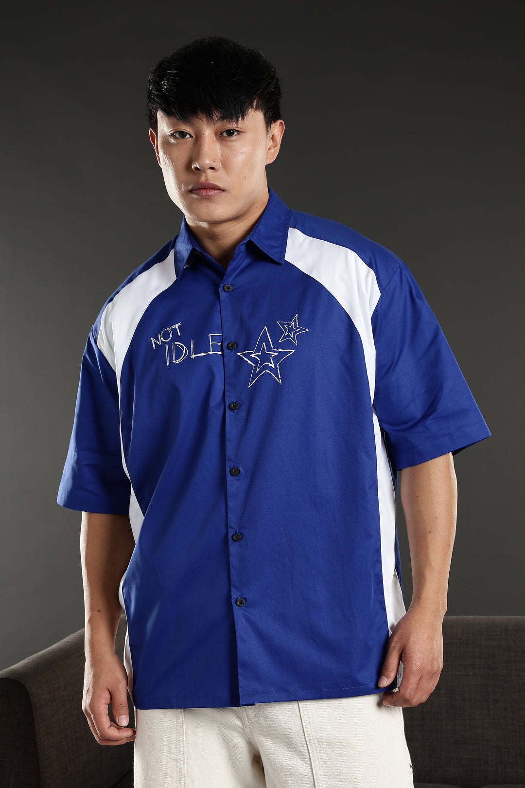 Not Idle: Cut & Sew Oversized Blue Cotton Shirt