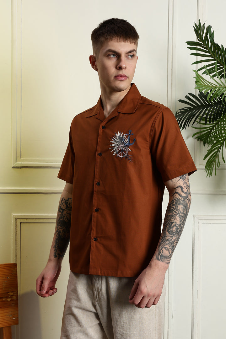 Anchor: Embroidery Brown Cuban Shirt