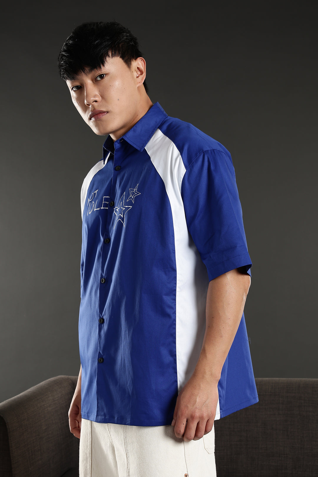 Not Idle: Cut & Sew Oversized Blue Cotton Shirt