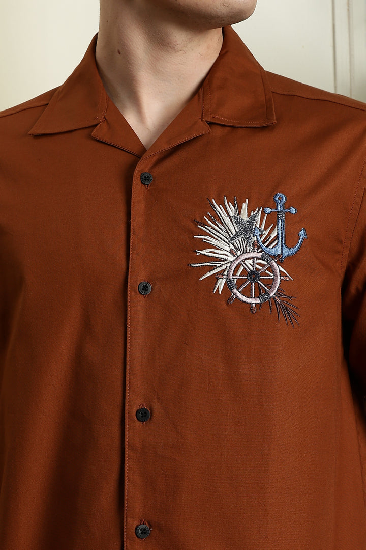 Anchor: Embroidery Brown Cuban Shirt