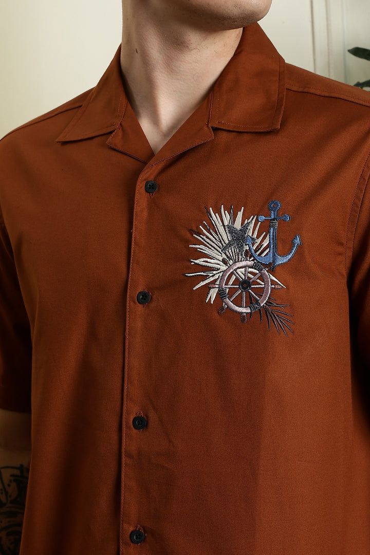 Anchor: Embroidery Brown Cuban Shirt