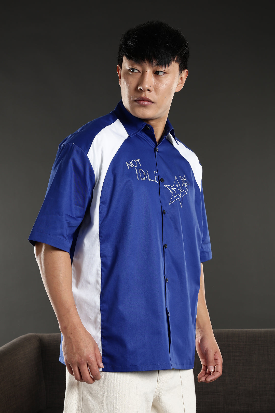 Not Idle: Cut & Sew Oversized Blue Cotton Shirt