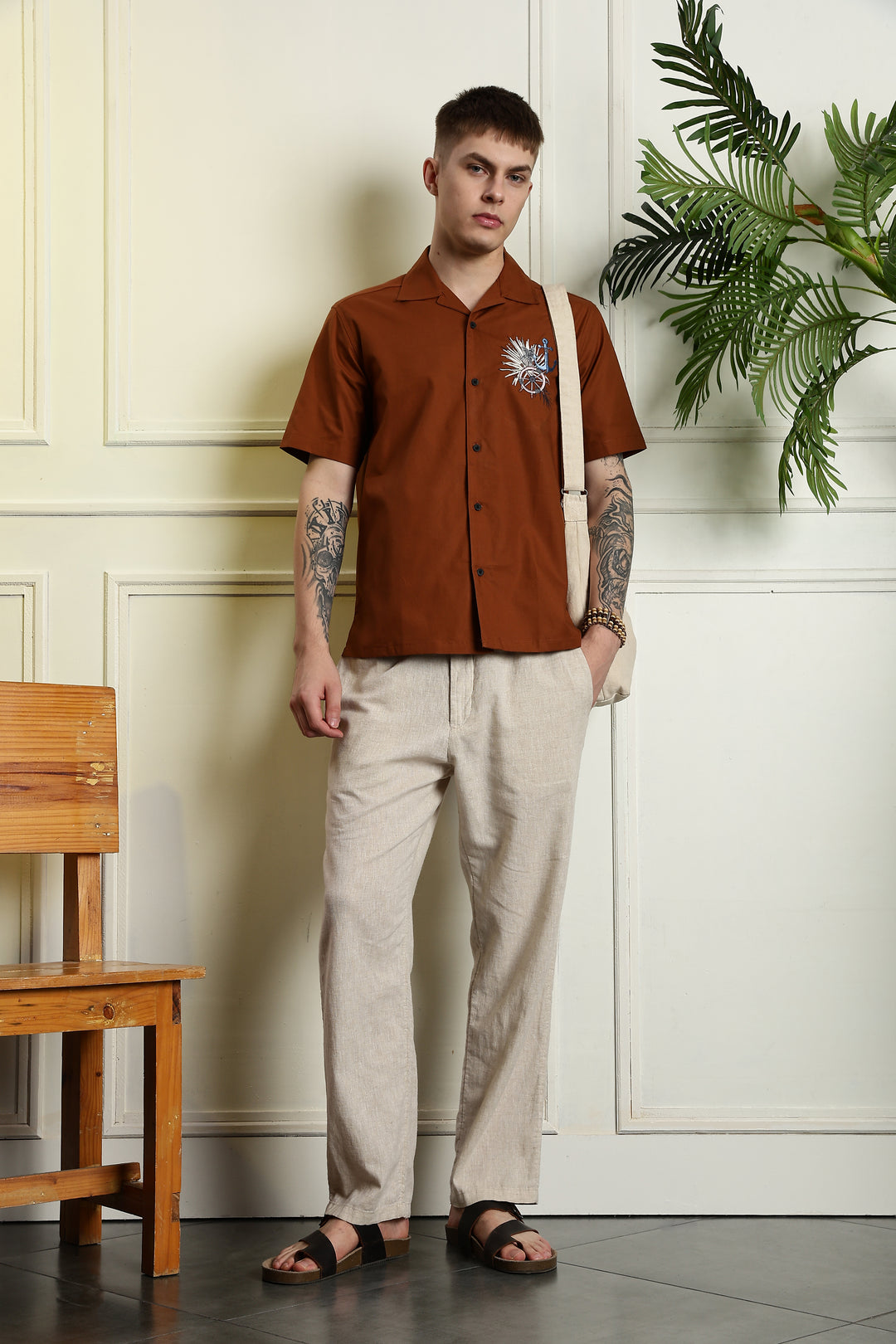 Anchor: Embroidery Brown Cuban Shirt
