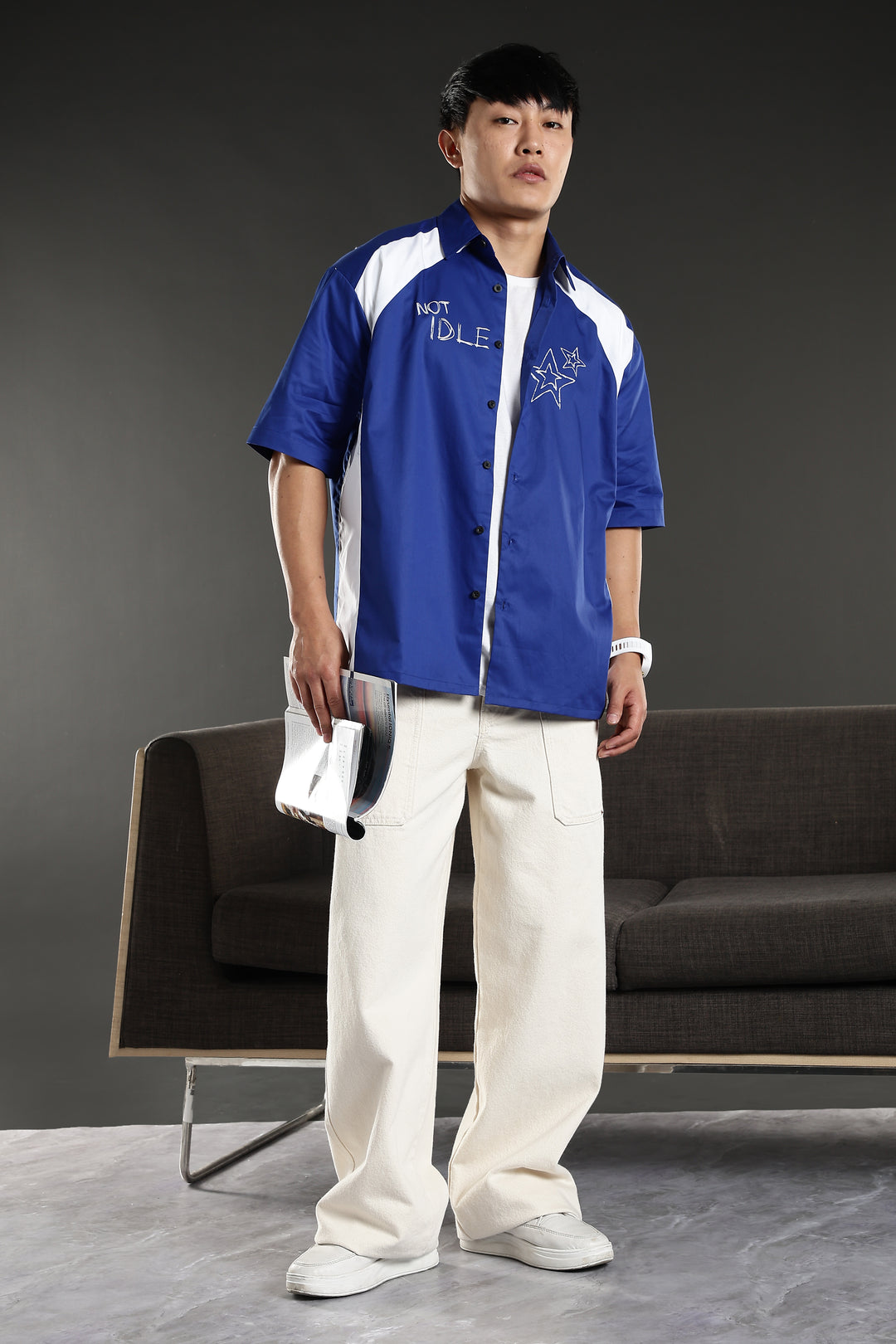 Not Idle: Cut & Sew Oversized Blue Cotton Shirt