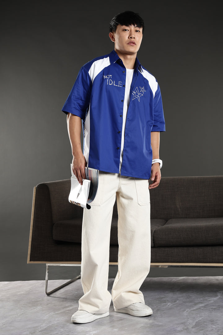 Not Idle: Cut & Sew Oversized Blue Cotton Shirt