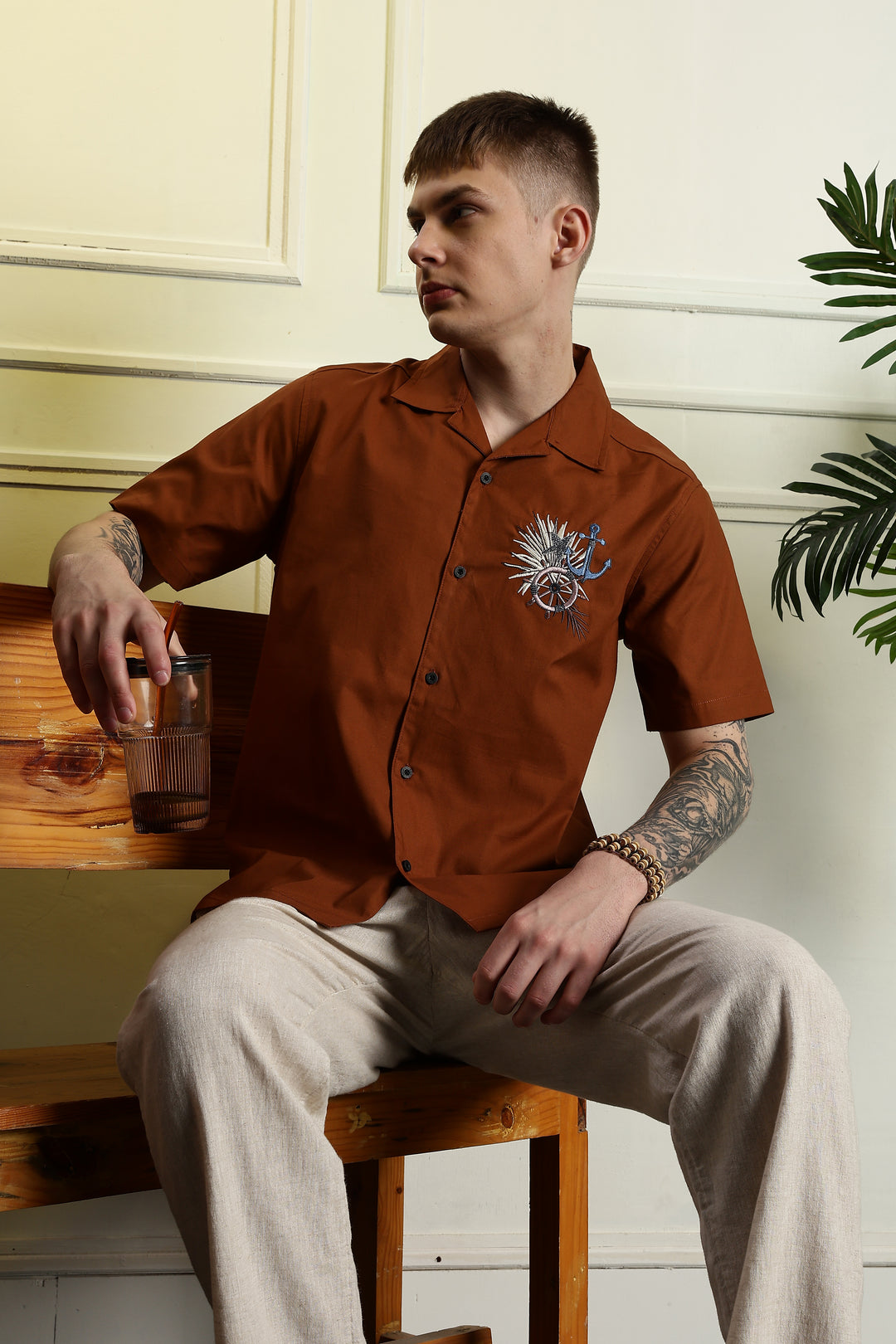 Anchor: Embroidery Brown Cuban Shirt