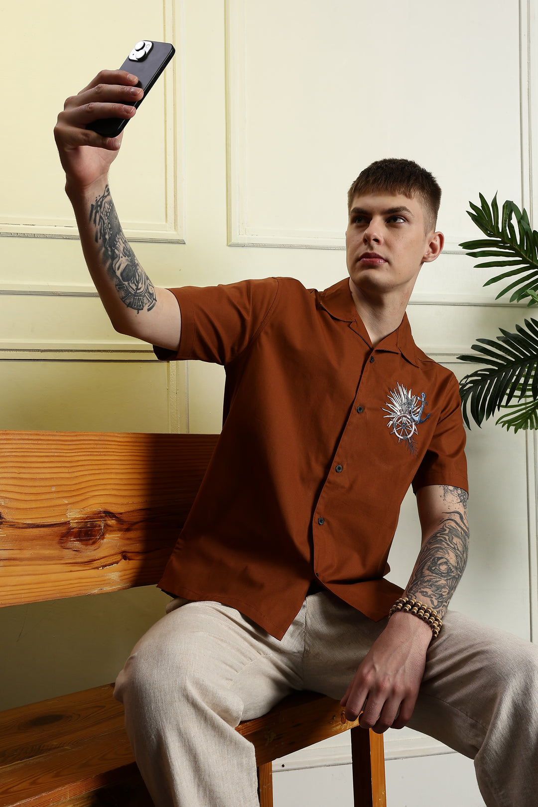 Anchor: Embroidery Brown Cuban Shirt