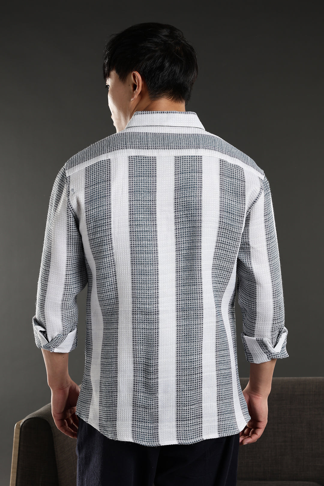 Stripes: Greyish Blue Textured Fabric Shirt