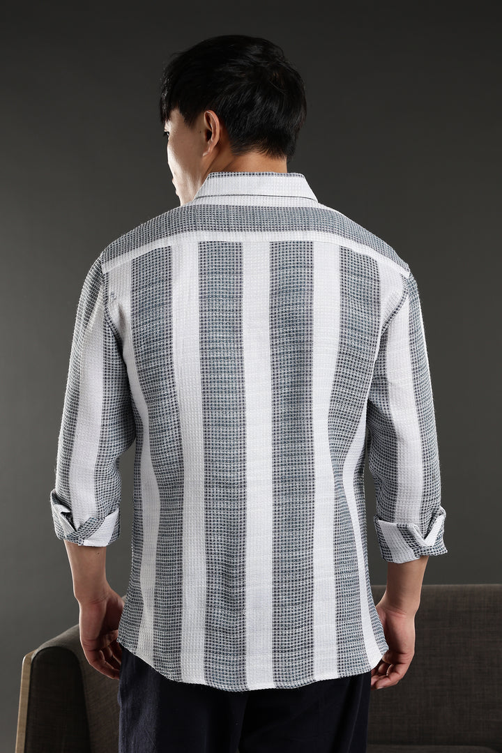 Stripes: Greyish Blue Textured Fabric Shirt