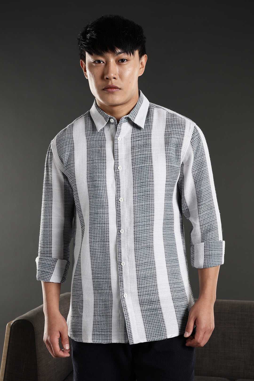 Stripes: Greyish Blue Textured Fabric Shirt