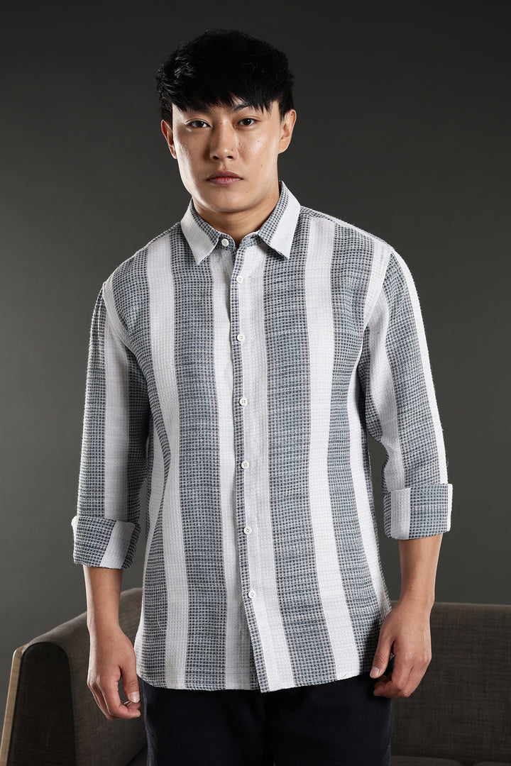 Stripes: Greyish Blue Textured Fabric Shirt