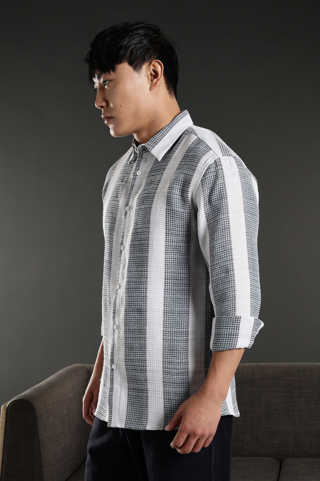 Stripes: Greyish Blue Textured Fabric Shirt