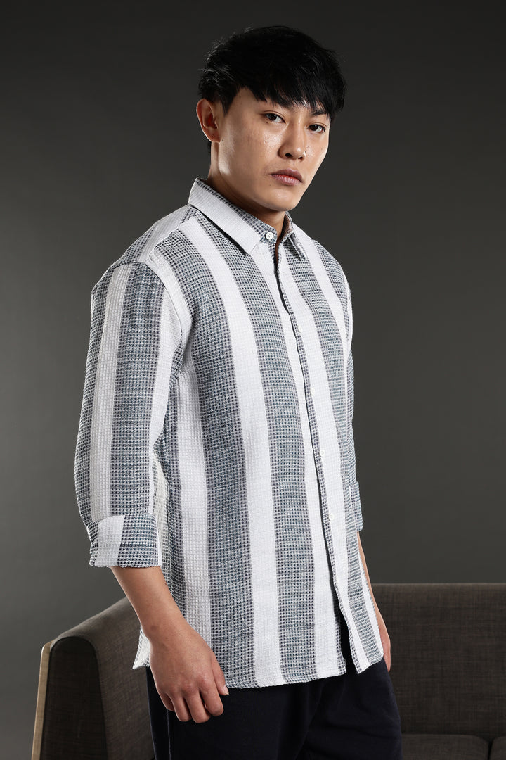 Stripes: Greyish Blue Textured Fabric Shirt