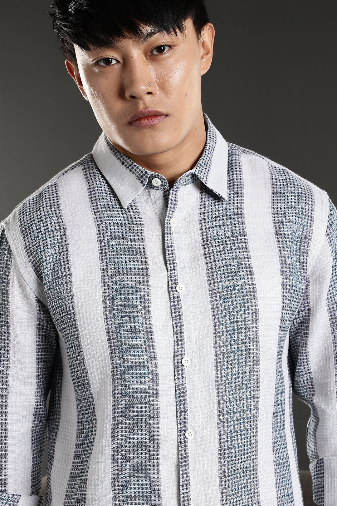 Stripes: Greyish Blue Textured Fabric Shirt