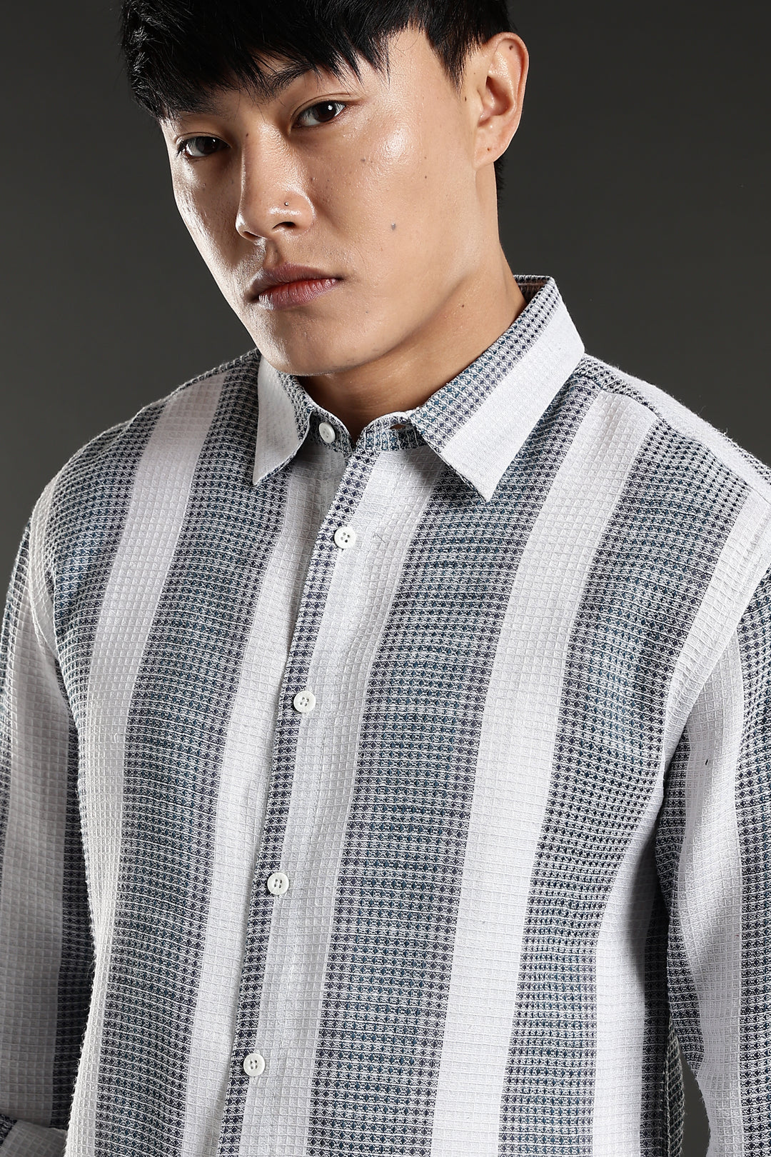 Stripes: Greyish Blue Textured Fabric Shirt