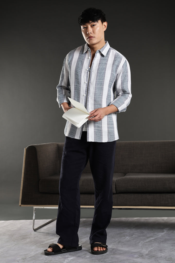Stripes: Greyish Blue Textured Fabric Shirt