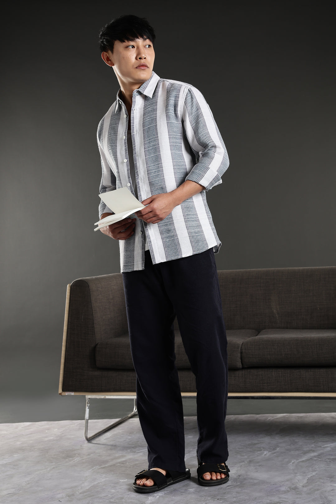 Stripes: Greyish Blue Textured Fabric Shirt