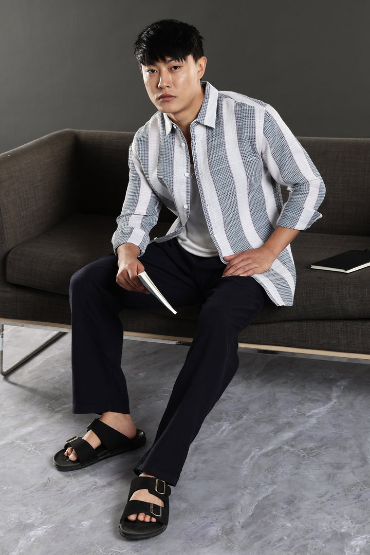 Stripes: Greyish Blue Textured Fabric Shirt