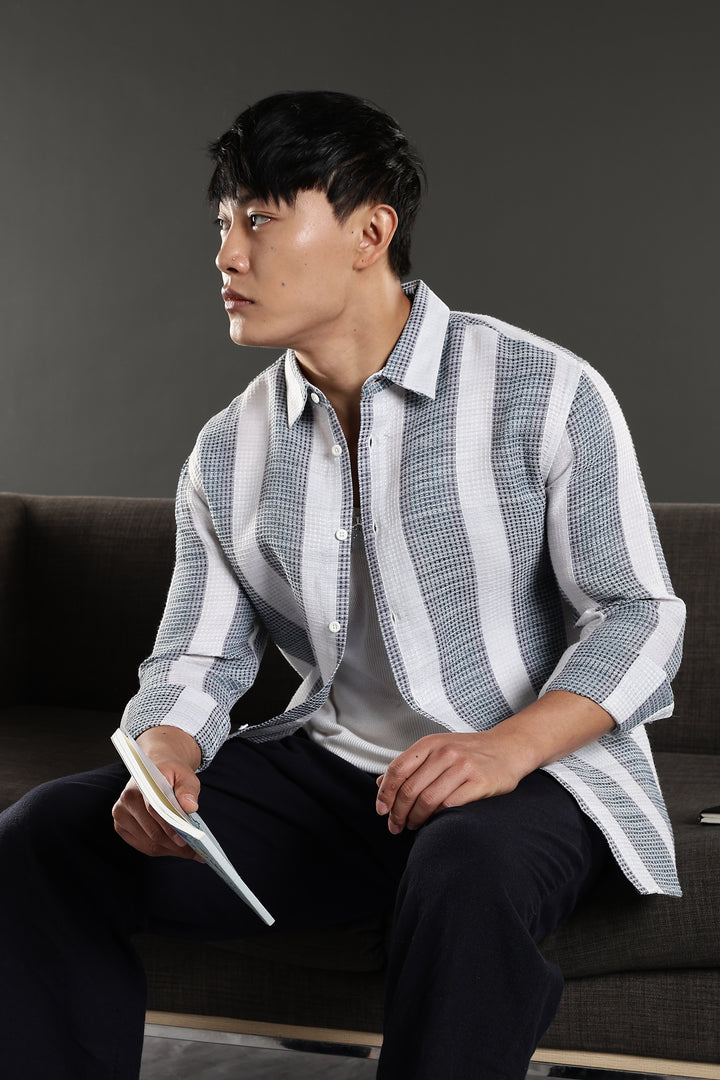 Stripes: Greyish Blue Textured Fabric Shirt