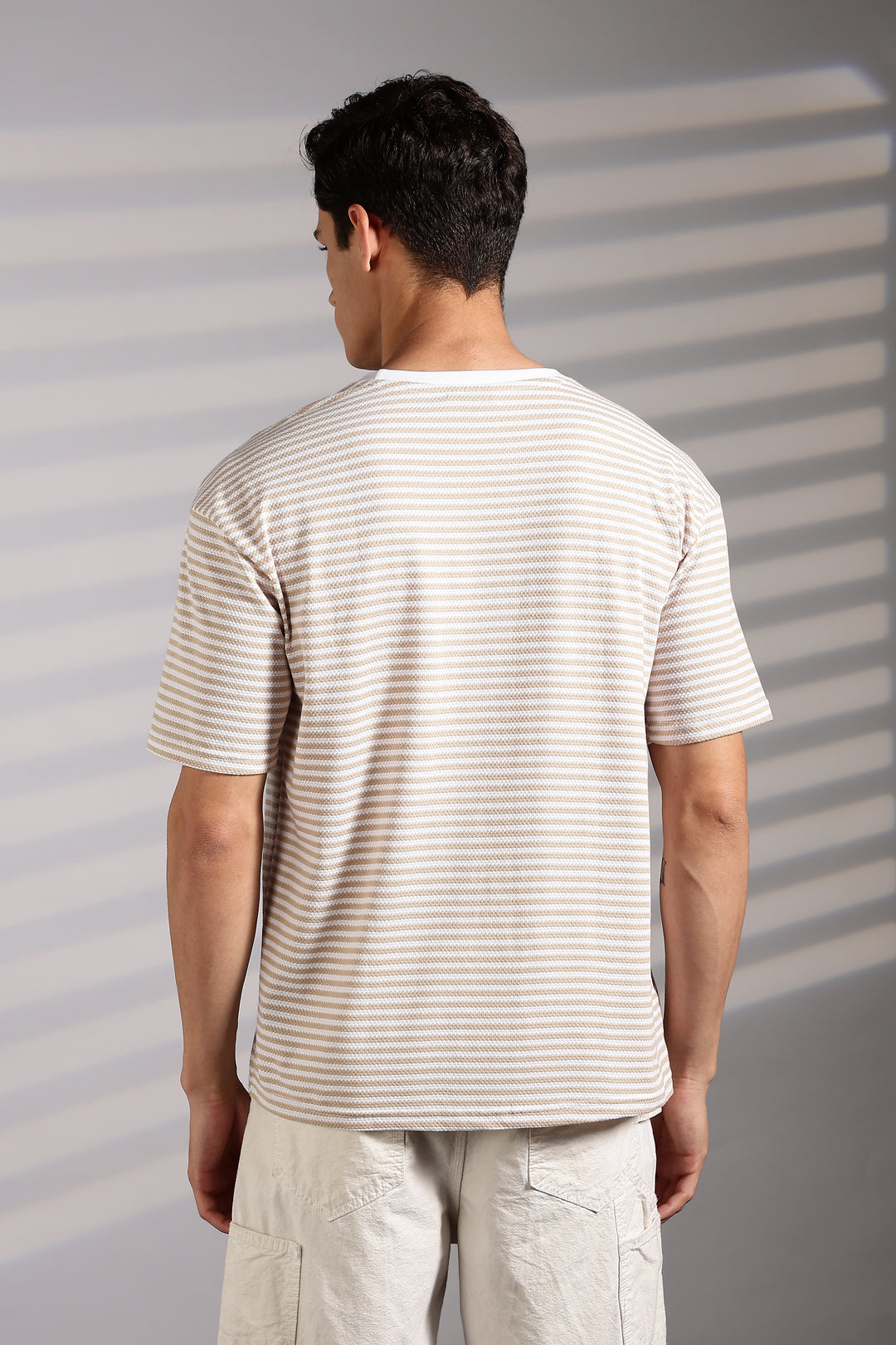 Vintage Ride: Embroidered Cream Stripes Oversized T-shirt