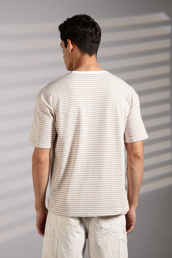 Vintage Ride: Embroidered Cream Stripes Oversized T-shirt