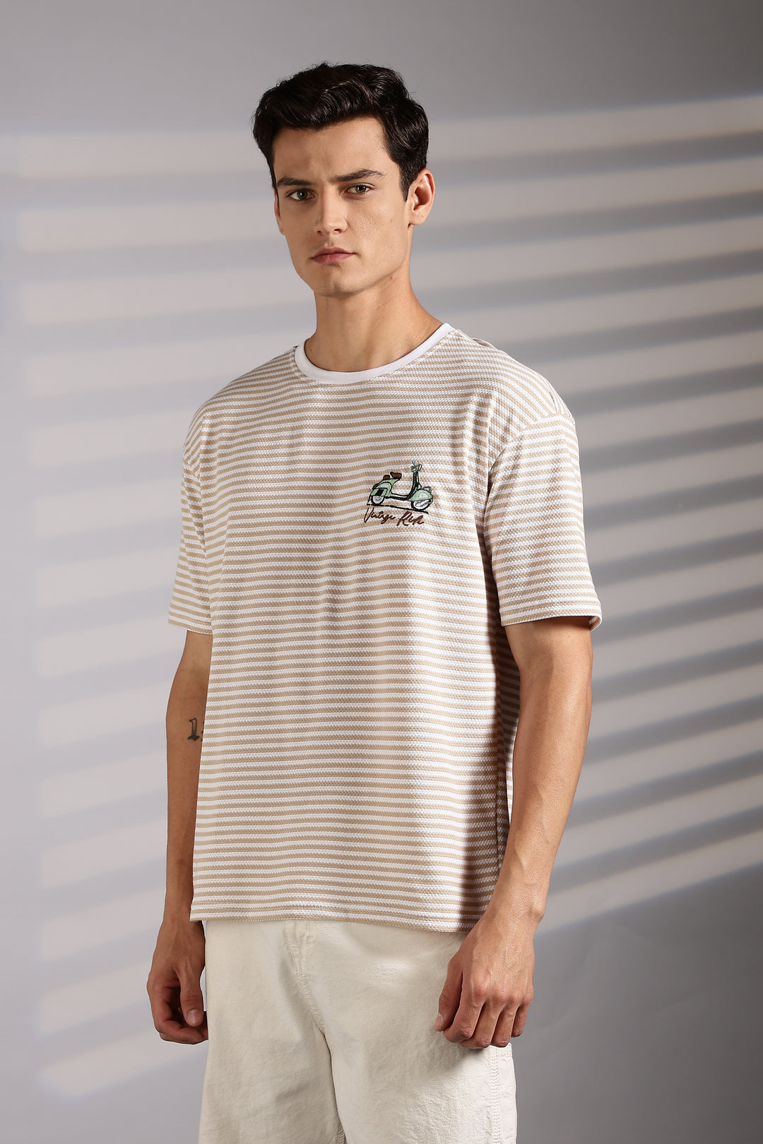 Vintage Ride: Embroidered Cream Stripes Oversized T-shirt