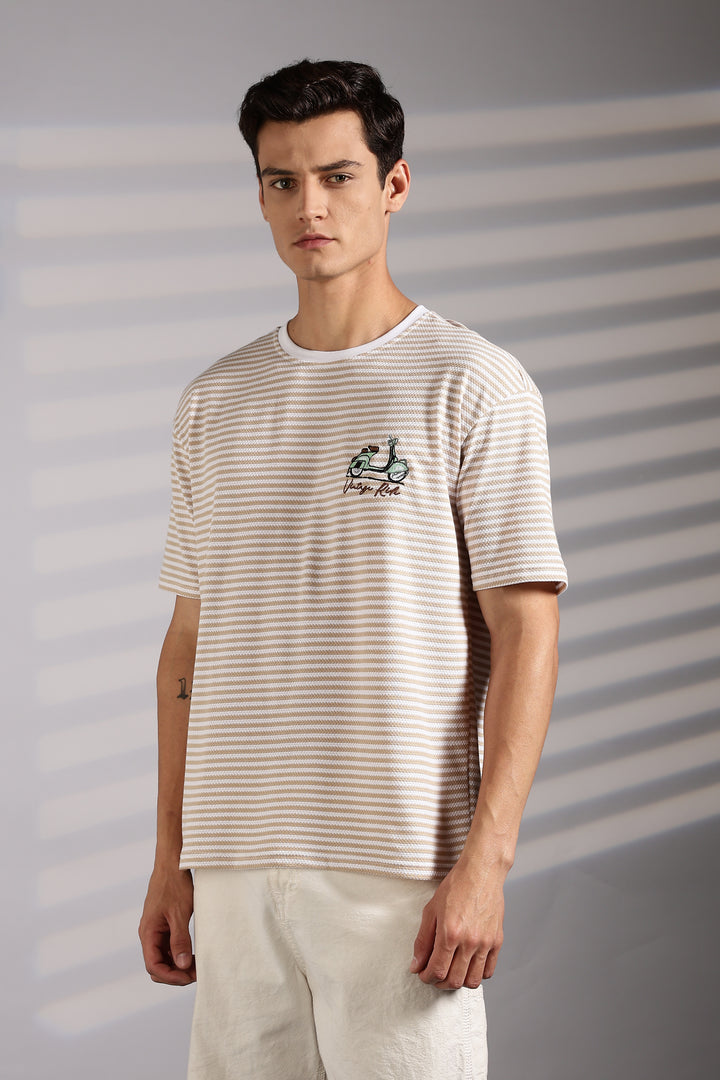 Vintage Ride: Embroidered Cream Stripes Oversized T-shirt