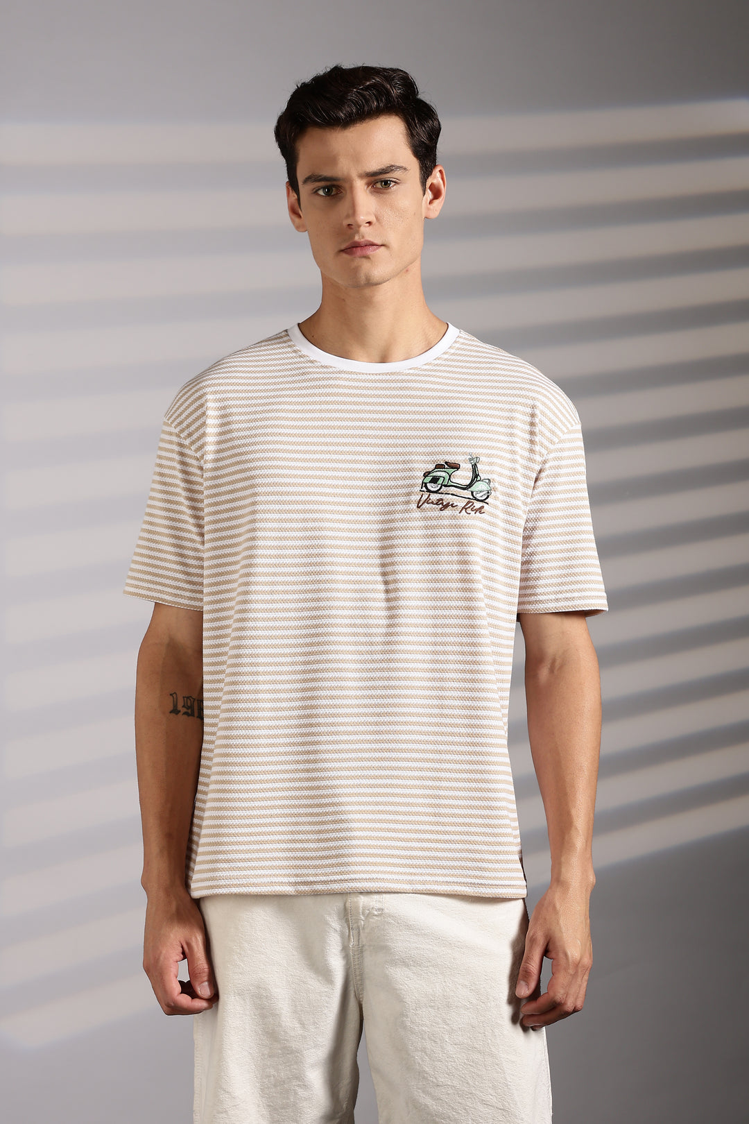 Vintage Ride: Embroidered Cream Stripes Oversized T-shirt