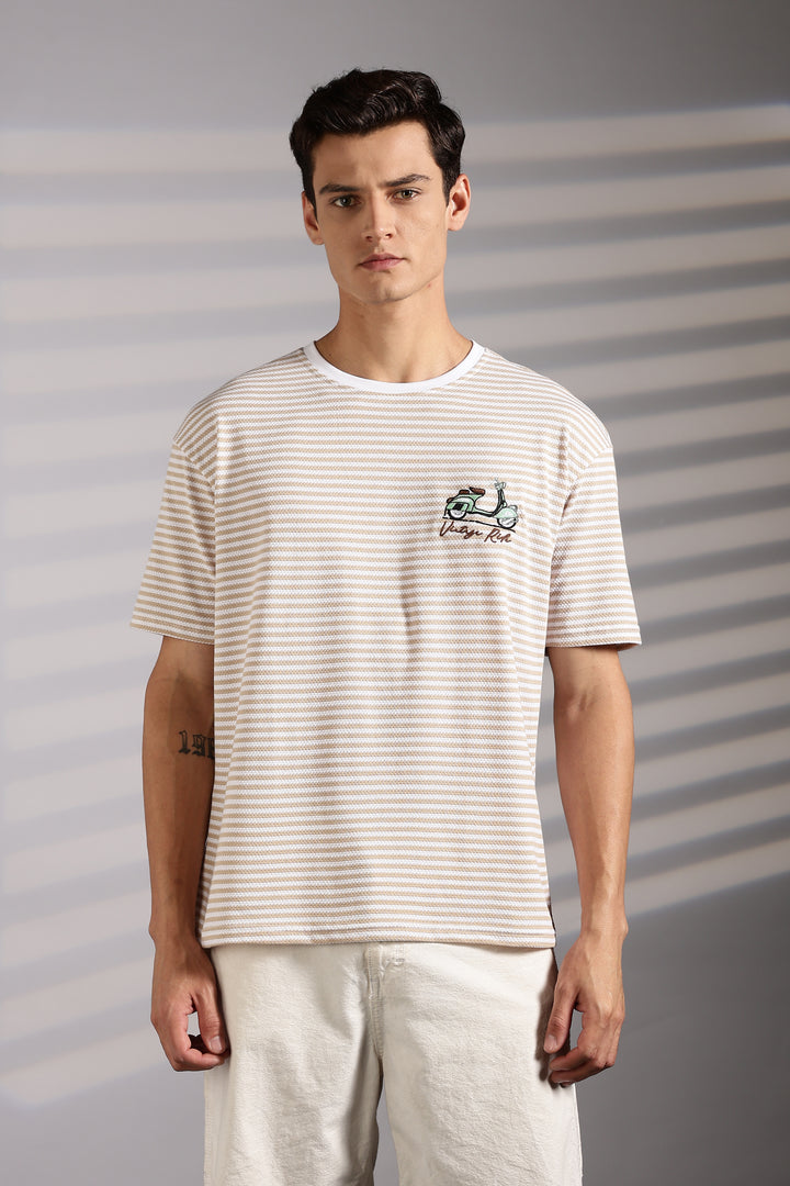 Vintage Ride: Embroidered Cream Stripes Oversized T-shirt