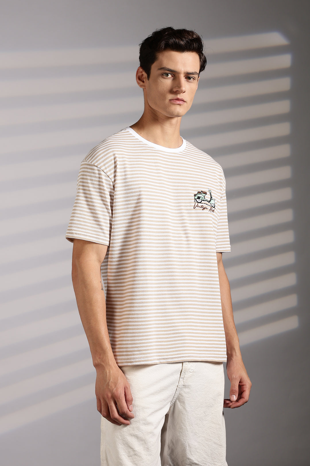 Vintage Ride: Embroidered Cream Stripes Oversized T-shirt