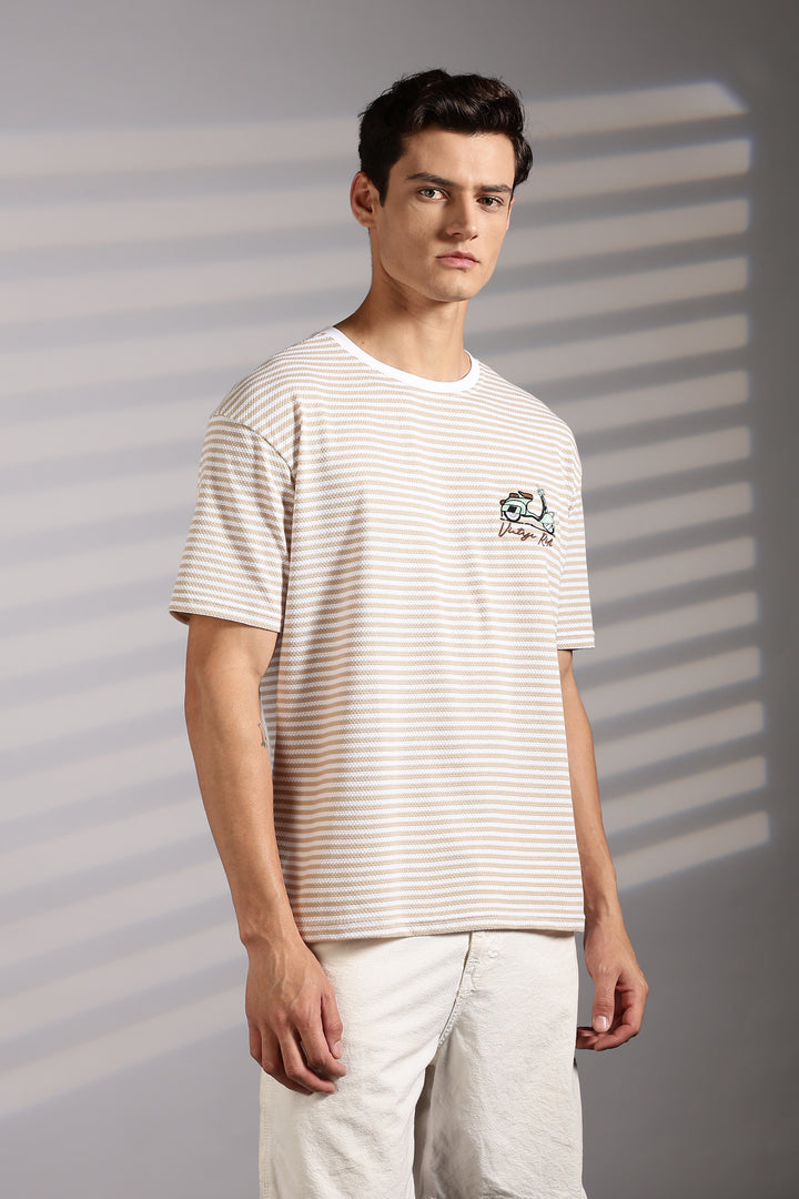 Vintage Ride: Embroidered Cream Stripes Oversized T-shirt