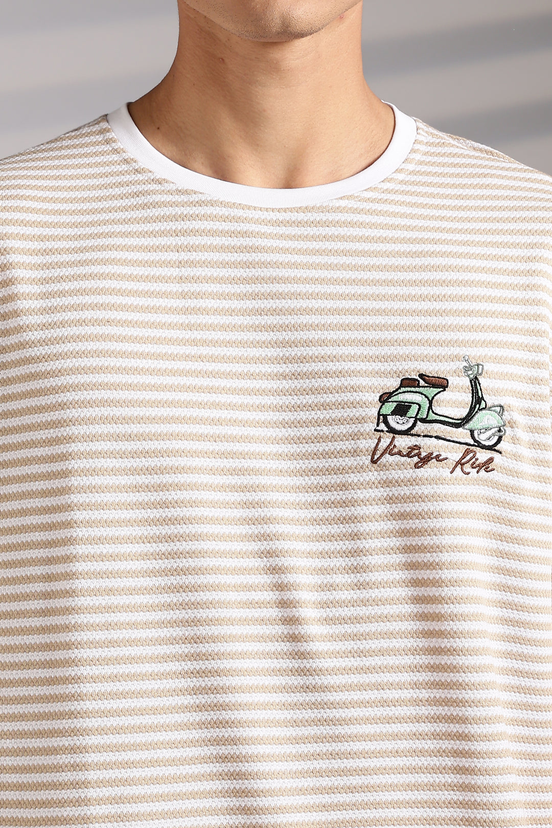 Vintage Ride: Embroidered Cream Stripes Oversized T-shirt